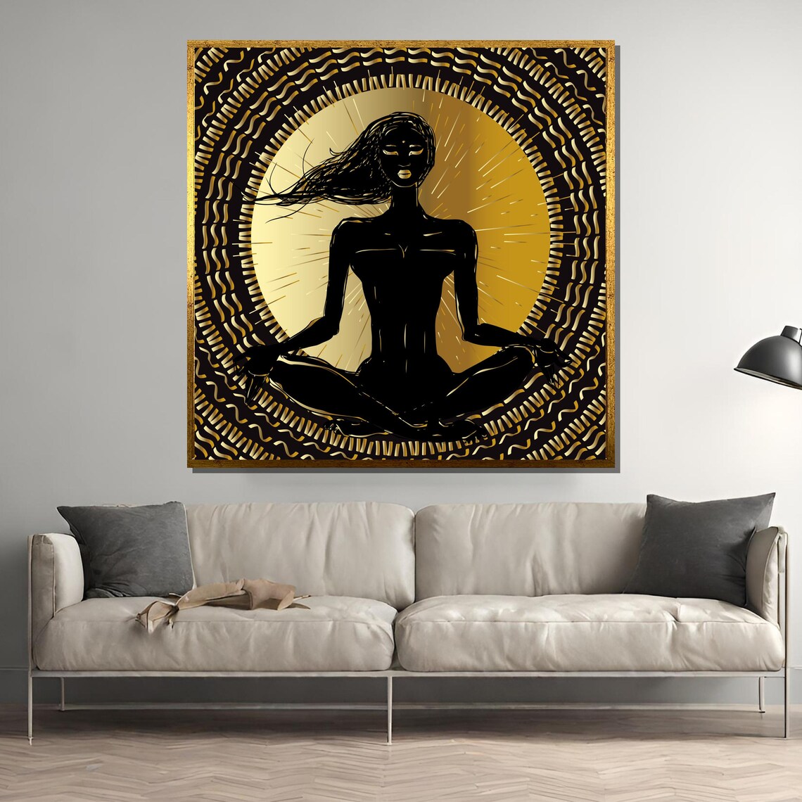 Golden Aura Meditating Woman with Radiant Sun Halo Art Poster