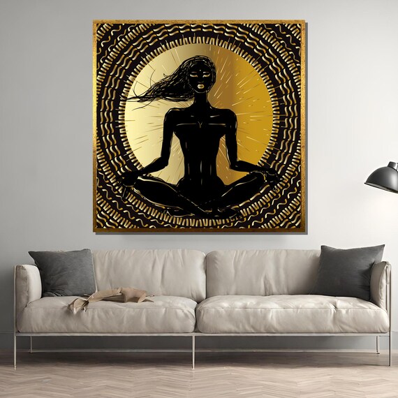 Golden Aura Meditating Woman with Radiant Sun Halo Art Poster
