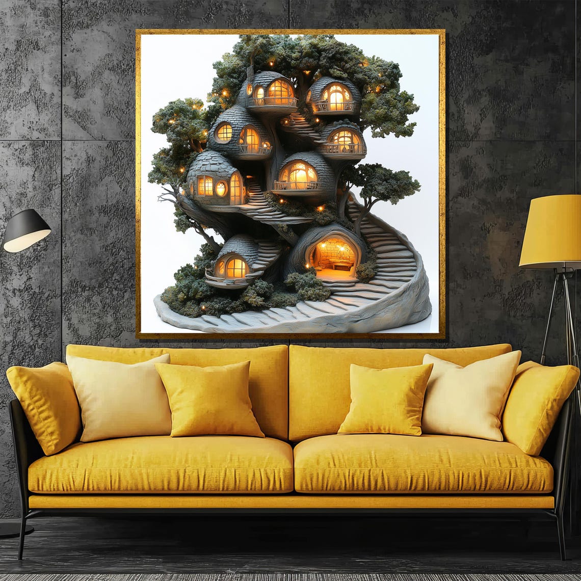 Magical Glowing Treehouse Village Enchanted Fantasy Art Poster