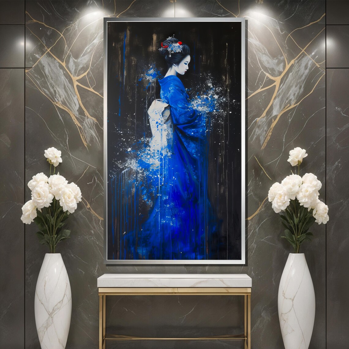 Elegant Geisha in Blue Kimono Emerging from Black Art Poster - Image 3