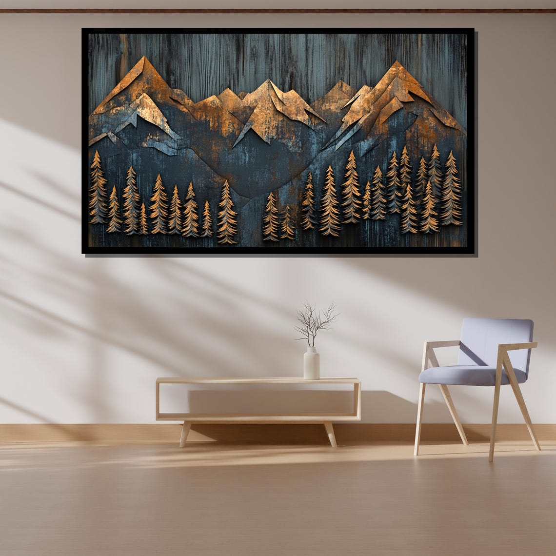 Rustic Metallic Mountain Painting Layered Forest Wall Art Gift For Modern Home Decor - Image 4
