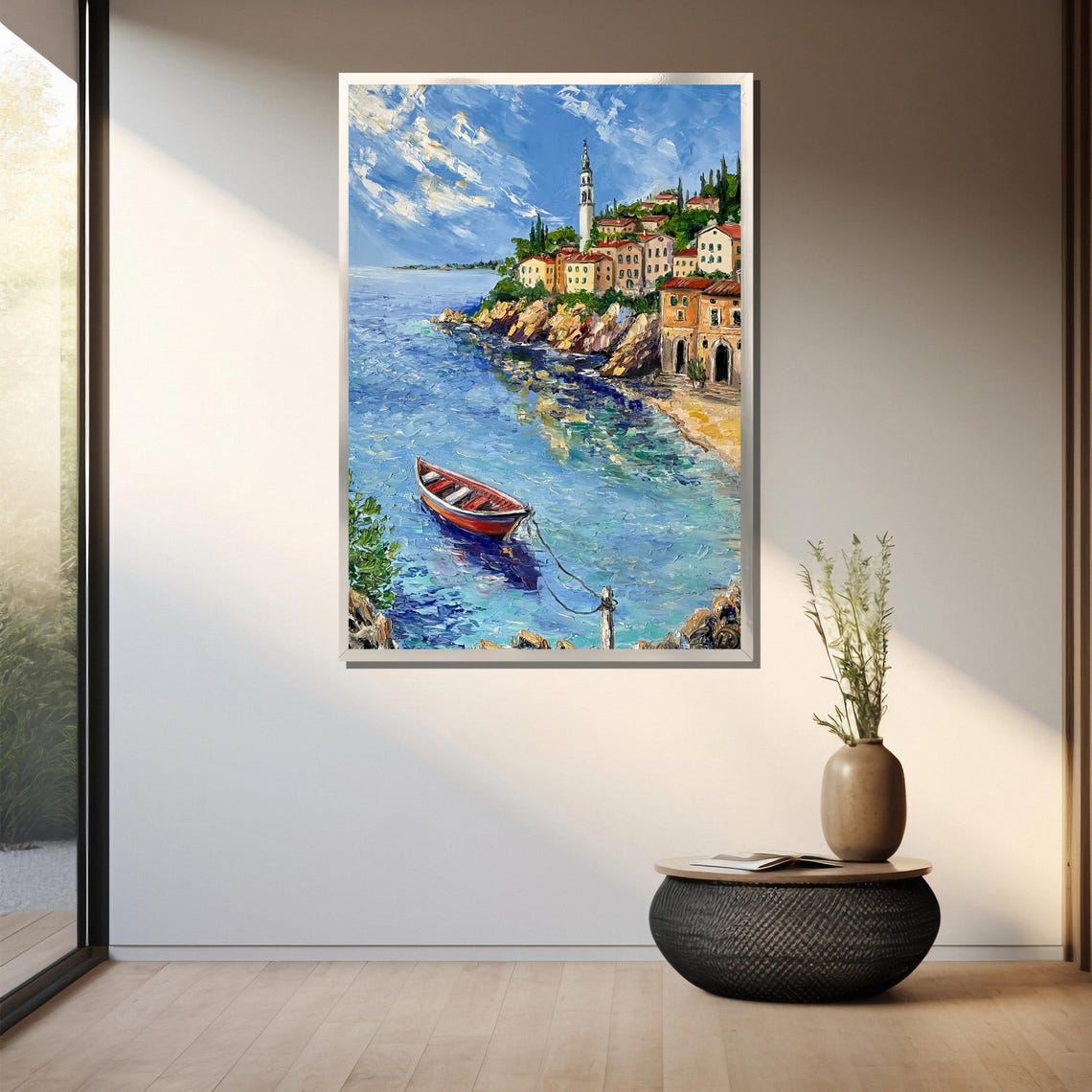 Mediterranean Cliffside Village Harbor Scene Painting Poster - Image 3