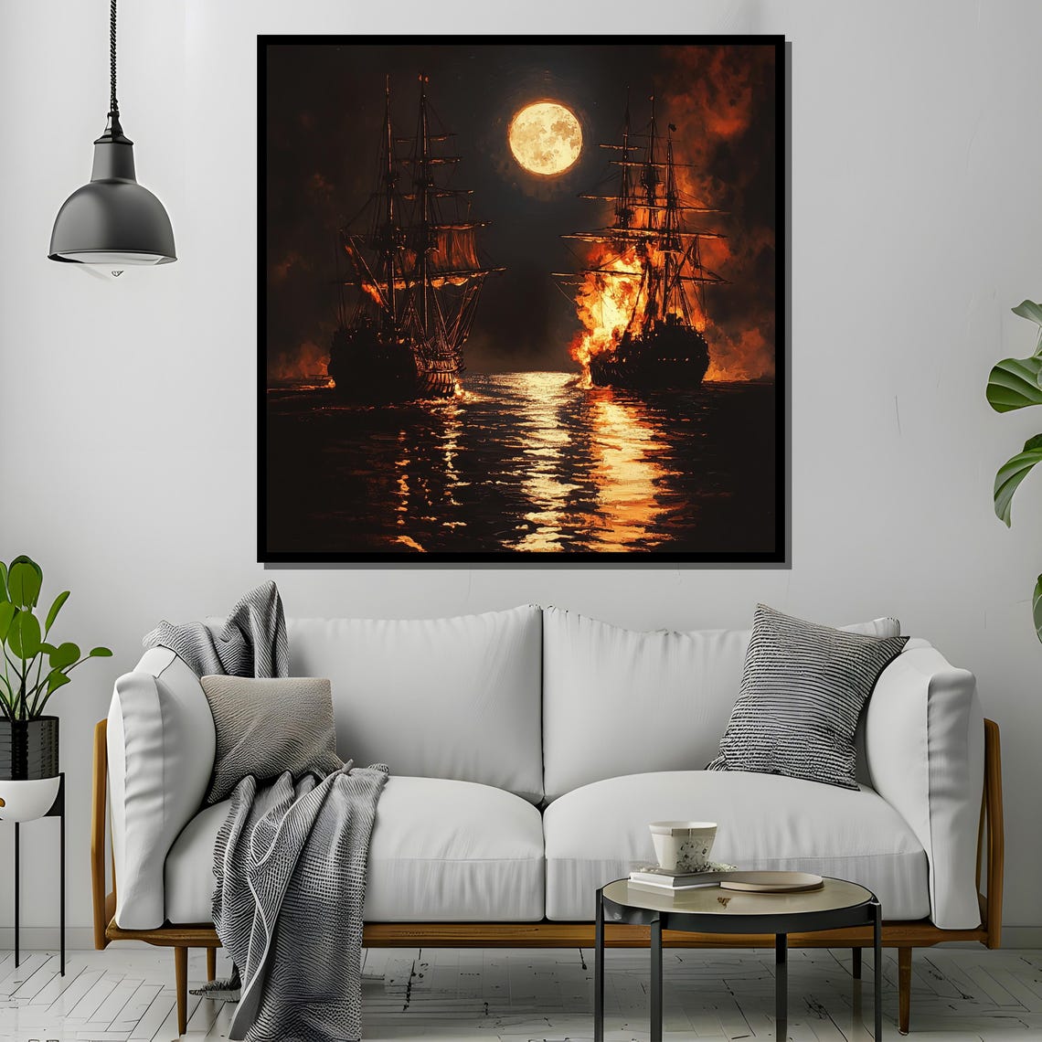 Dramatic Moonlit Naval Battle of Tall Ships in Flames Poster - Image 4