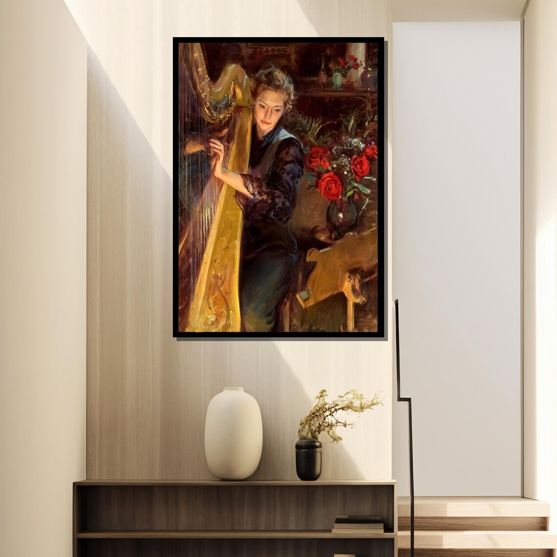 Woman Playing Golden Harp Beside A Vase Of Red Roses Painting Poster - Image 4