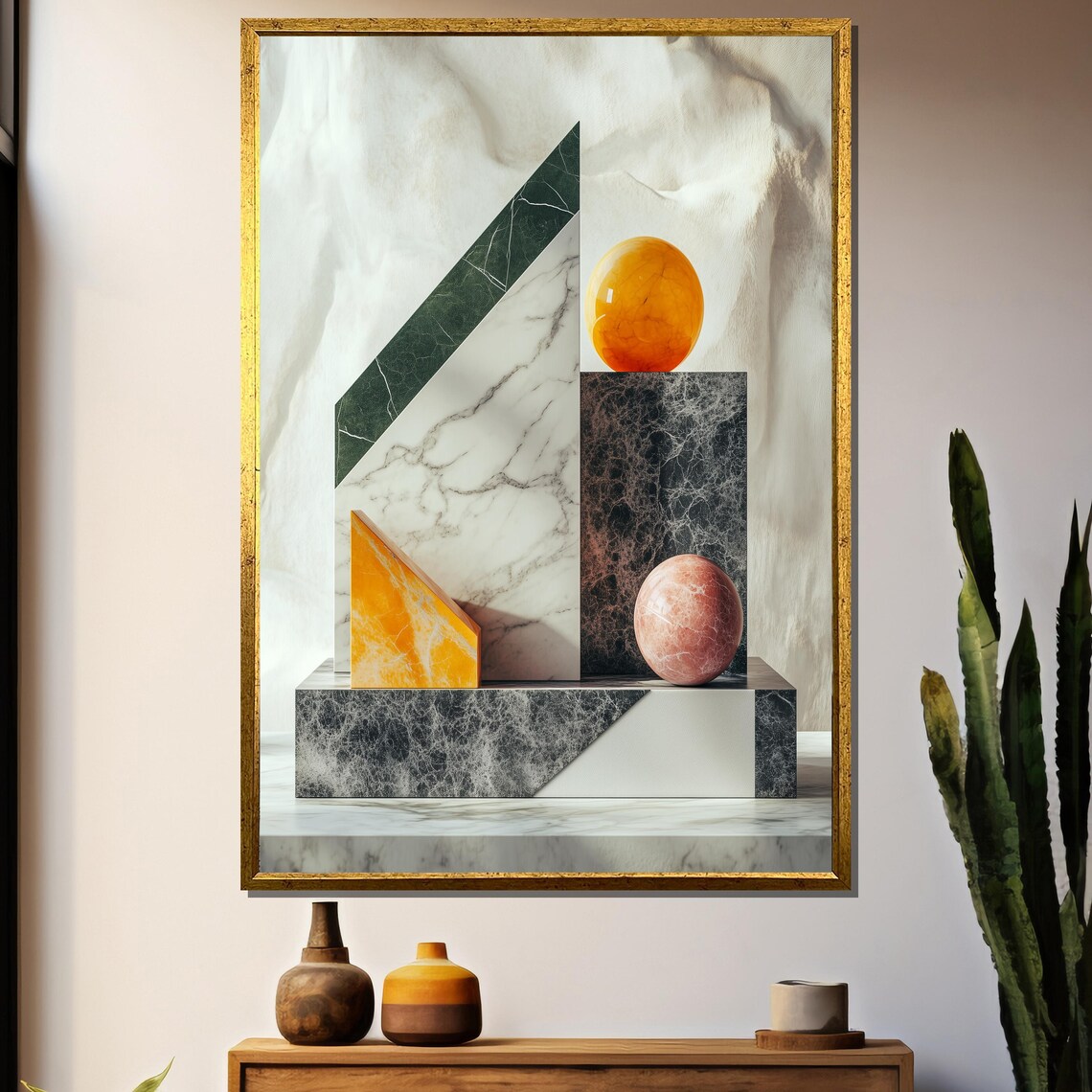 Luxury Geometric Marble Painting Modern Abstract Wall Art In Green Whitw And Gold Elegant Home Decor Unique Gift For Art Collectors