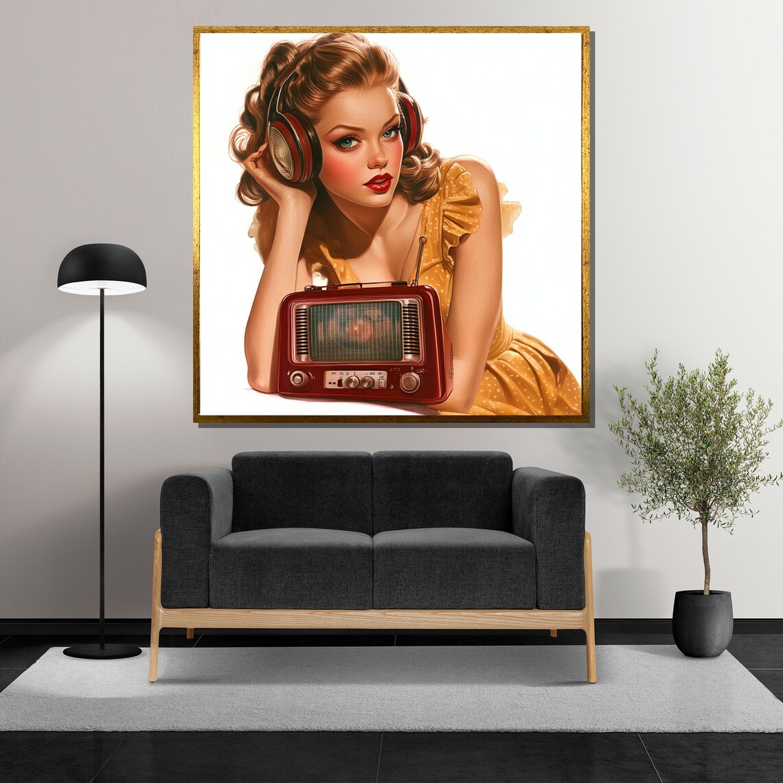 Retro Pin Up Girl with Headphones and Vintage Red Radio Poster - Image 5