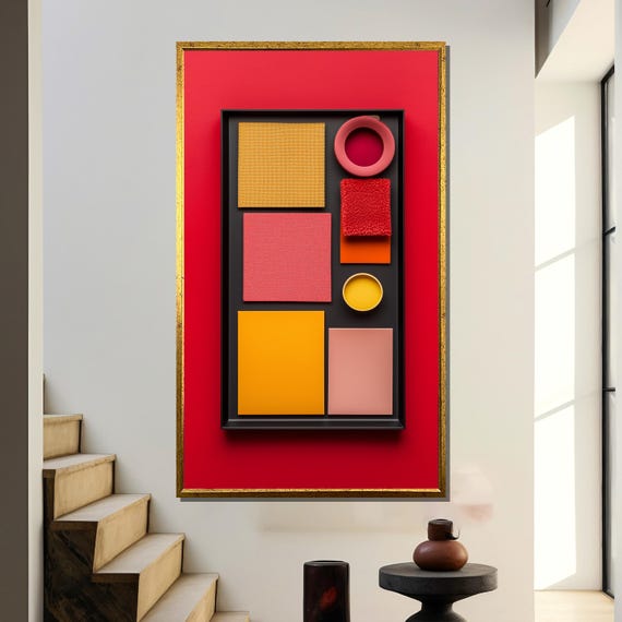 Modern Geometric Painting Bold Red And Yellow Abstract Wall Art Minimalist Mid Century Decor Stylish Home Or Office Gift