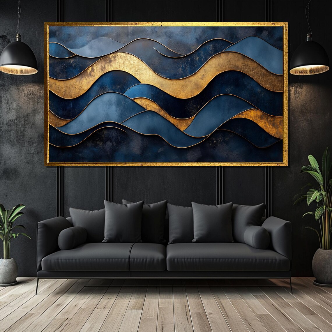 Luxury Blue And Gold Abstract Wave Sophisticated Wall Art For Modern And Elegant Interiors