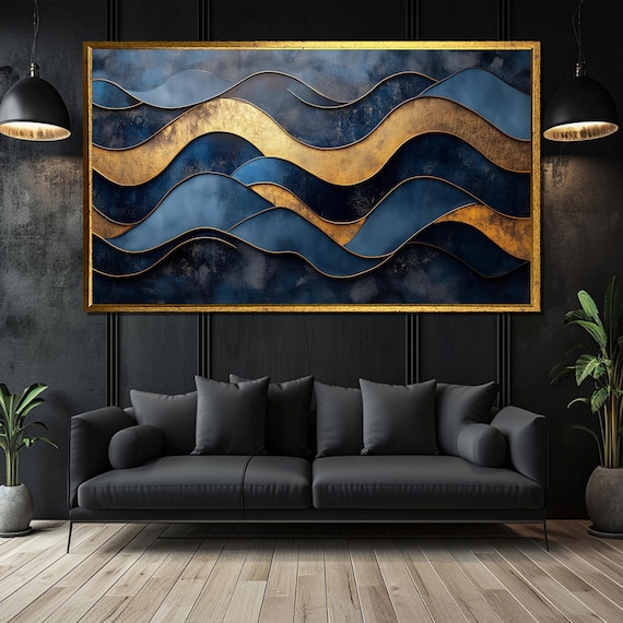Luxury Blue And Gold Abstract Wave Sophisticated Wall Art For Modern And Elegant Interiors