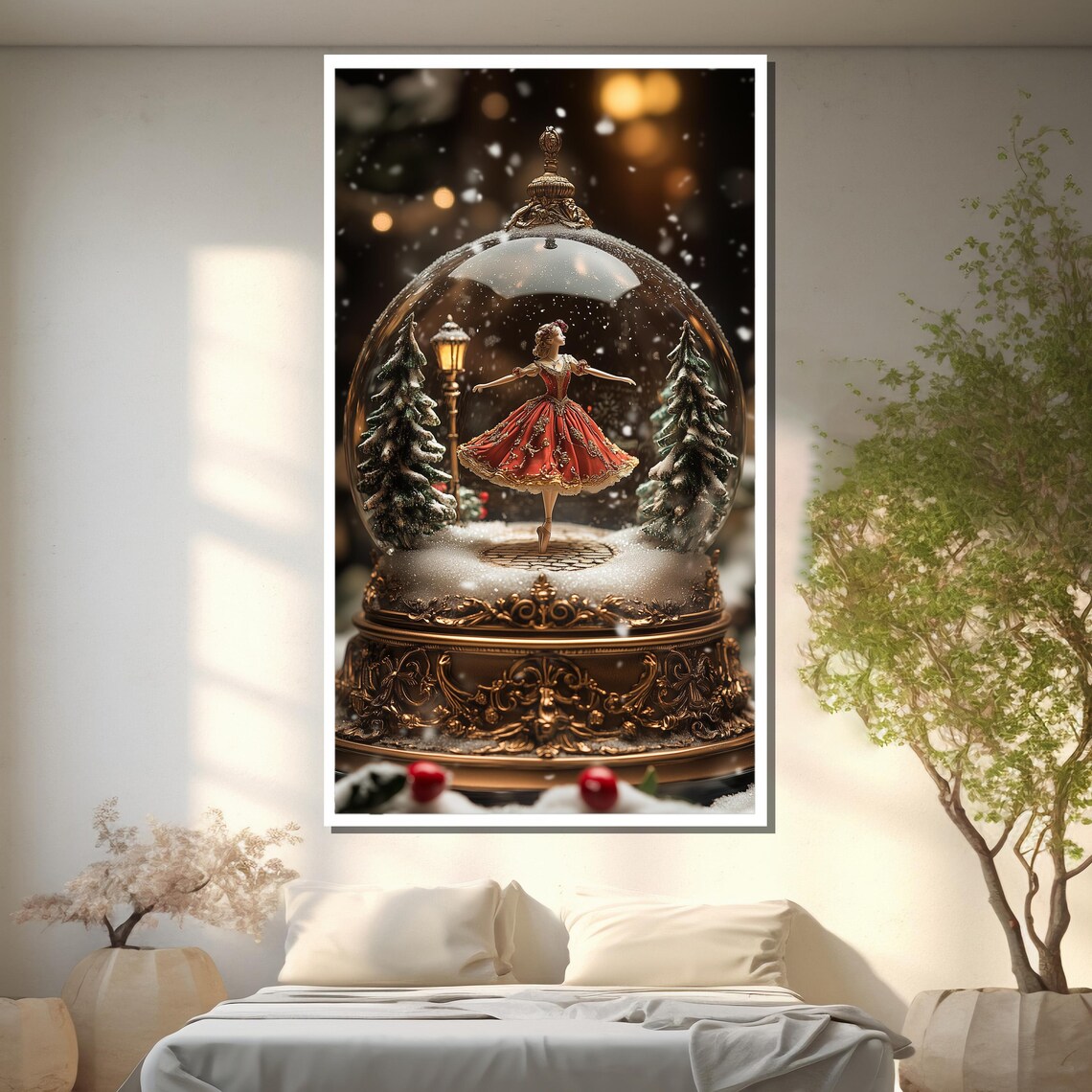 Golden Snow Globe Ballerina in Red Dress Christmas Holiday Poster - Image 2