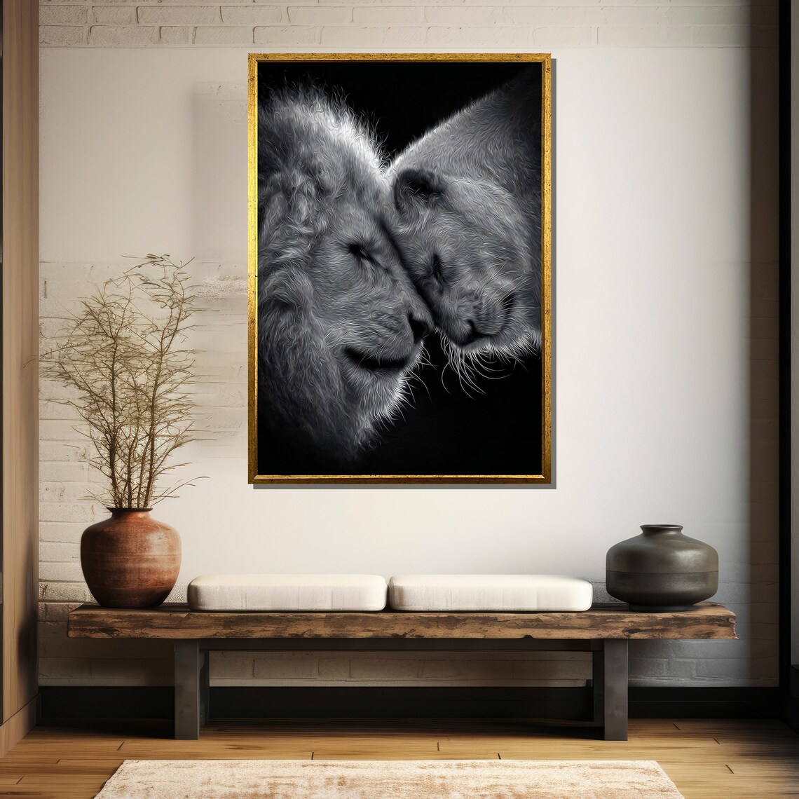 Nuzzling Lion Pair In Black And White Intimate Wildlife Art Poster - Image 5
