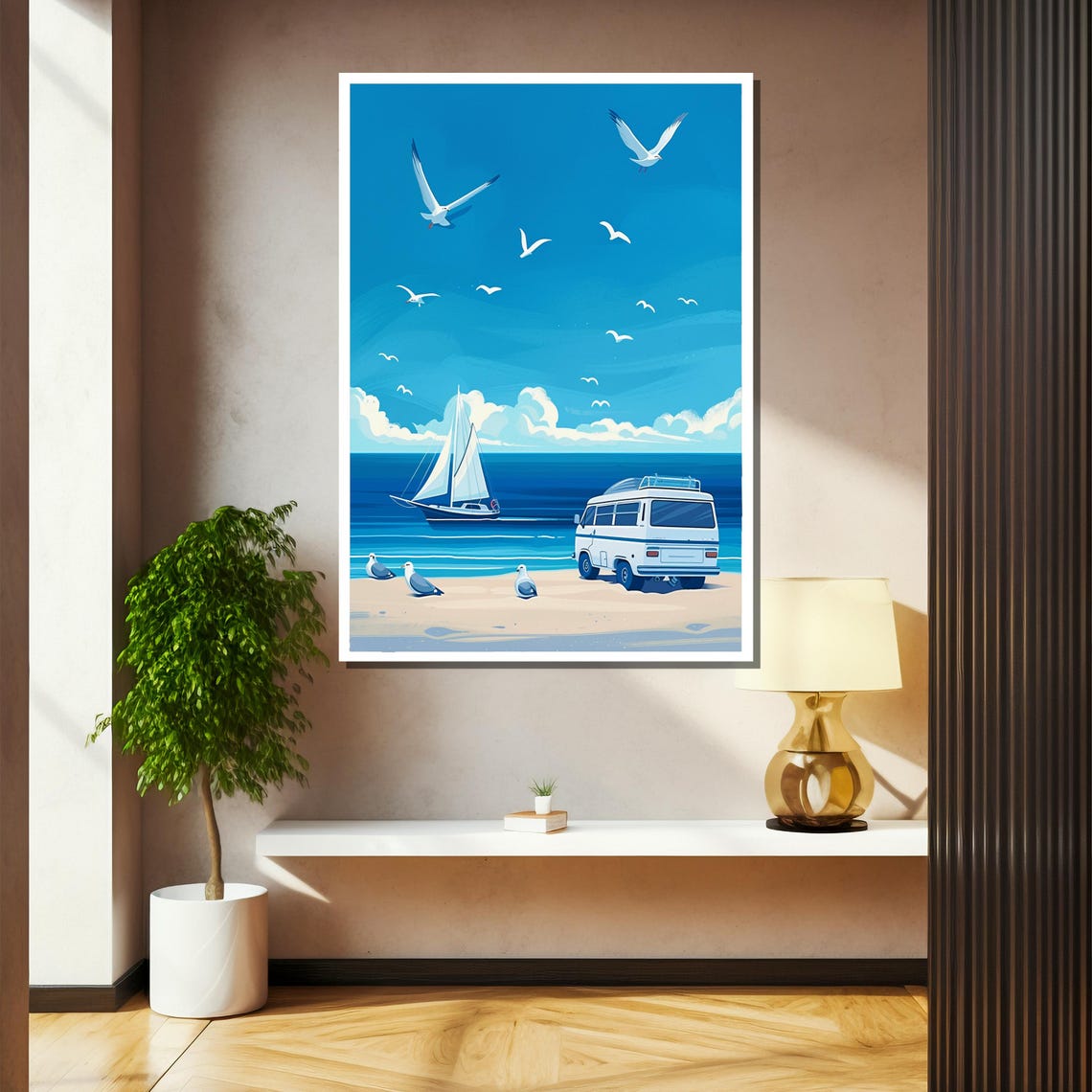 Beach Campervan With Sailboat And Soaring Seagulls Art Poster - Image 2