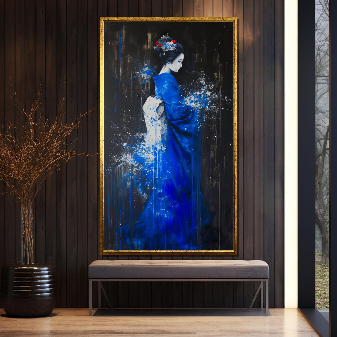 Elegant Geisha in Blue Kimono Emerging from Black Art Poster - Image 5