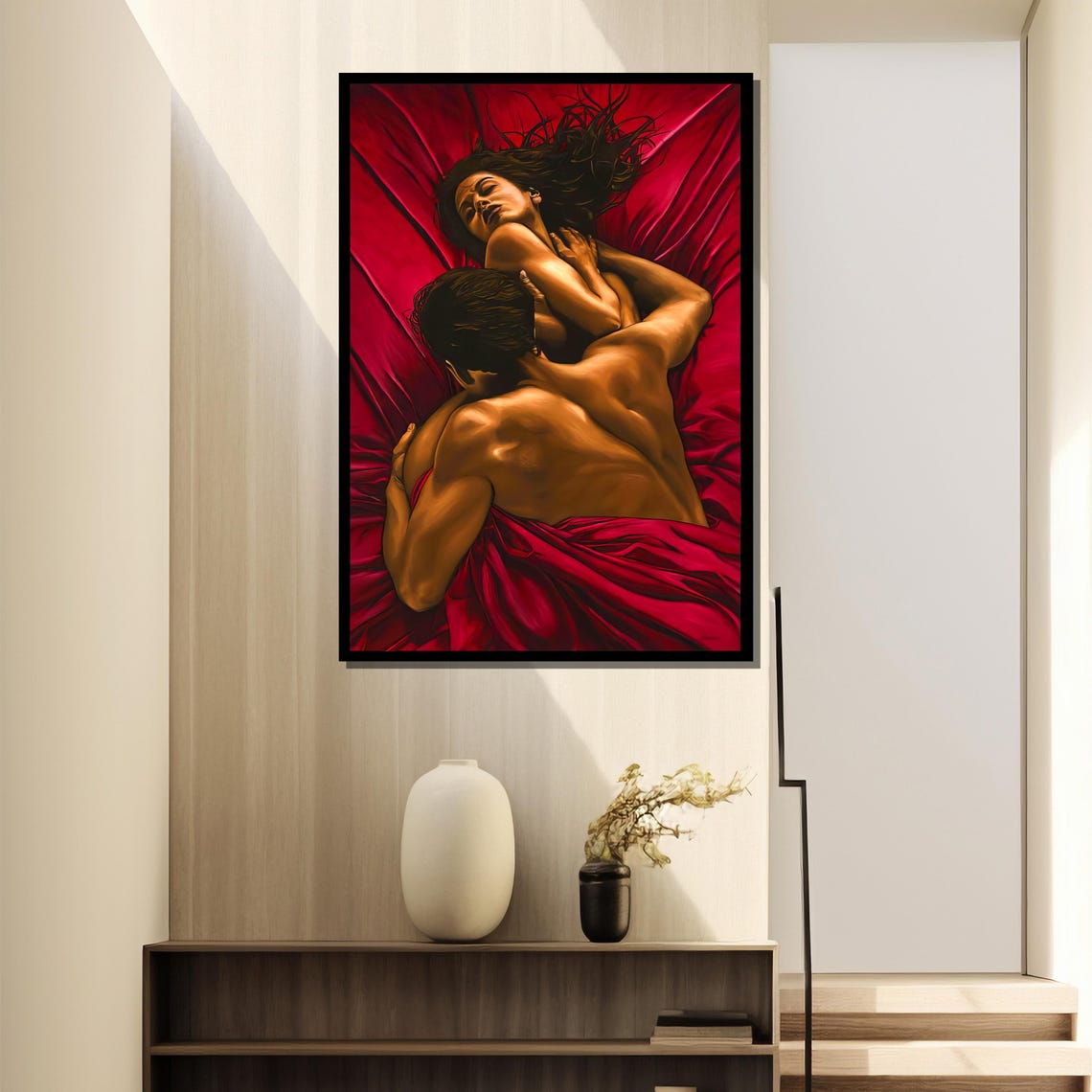 Passionate Couple Embracing On Flowing Crimson Satin Sheets Poster - Image 4