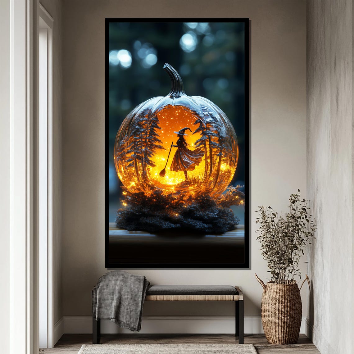 Glowing Pumpkin Carving with Witch Scene Inside Halloween Art Poster - Image 4