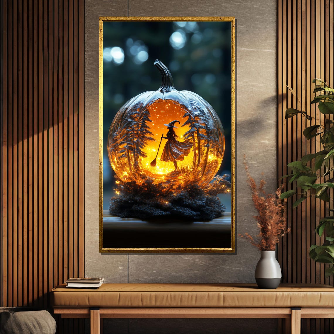 Glowing Pumpkin Carving with Witch Scene Inside Halloween Art Poster - Image 5