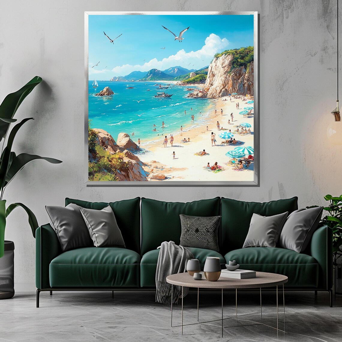 Sunny Coastal Beach Cove Families Umbrellas Sailboats Poster - Image 3