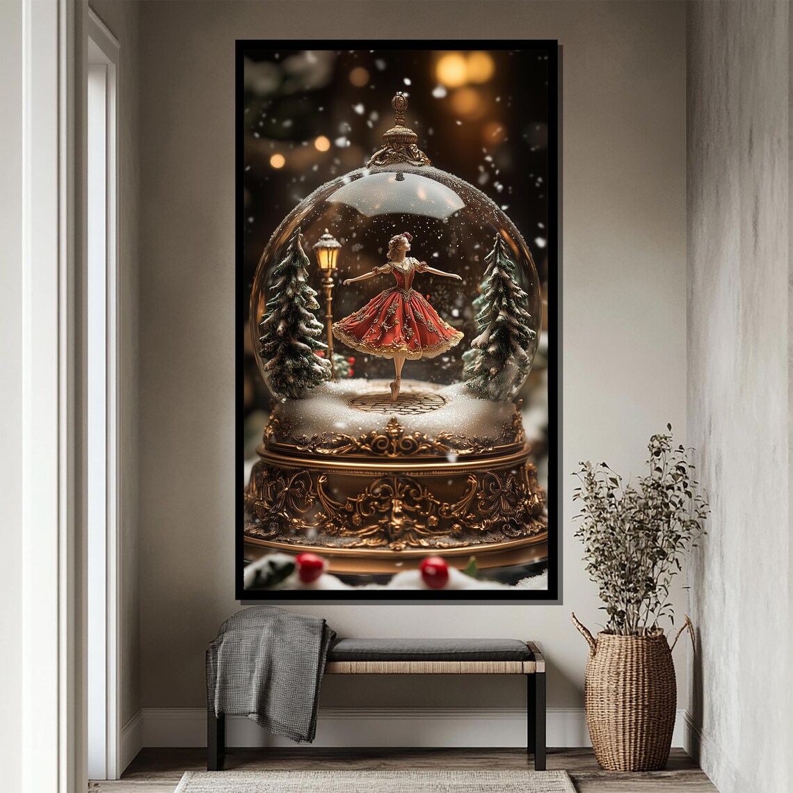 Golden Snow Globe Ballerina in Red Dress Christmas Holiday Poster - Image 4