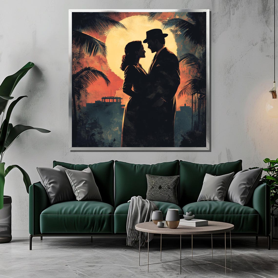Film Noir Couple Silhouette Under Giant Moon at Tropical Harbor Poster - Image 3
