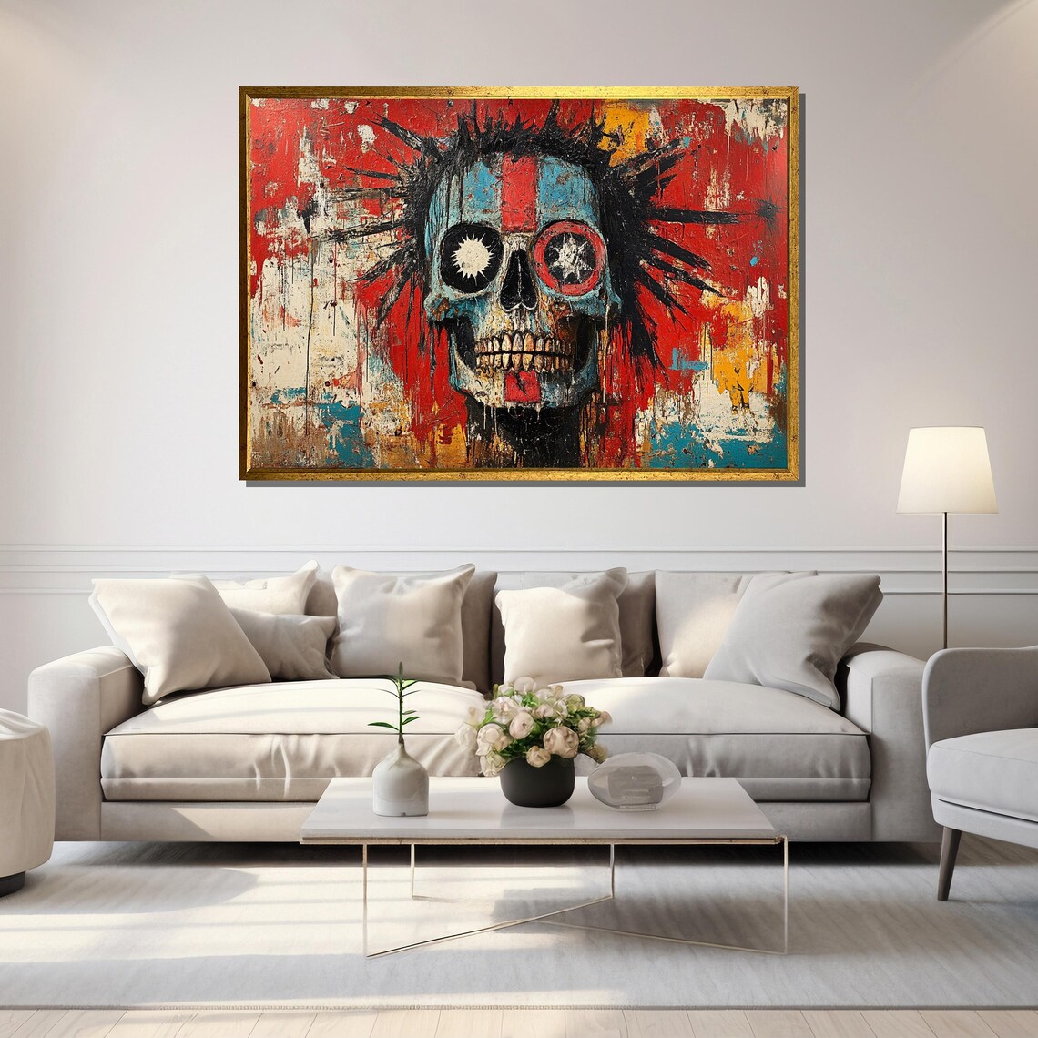 Punk Rock Spiky Skull in Teal Red Abstract Graffiti Art Poster - Image 5