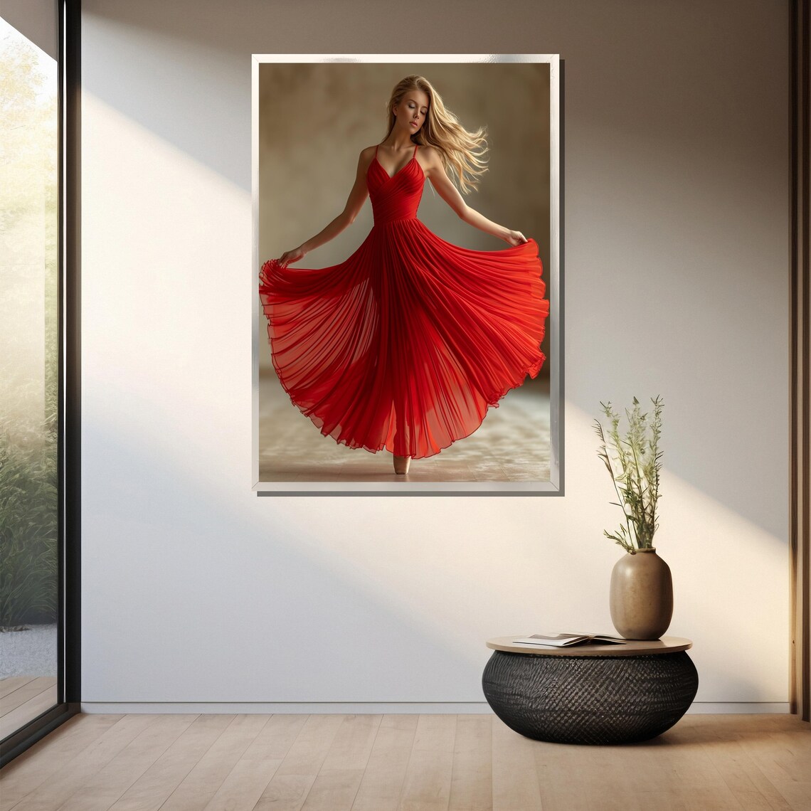Blonde Woman Twirling Joyfully In A Flowing Red Dress Poster - Image 3