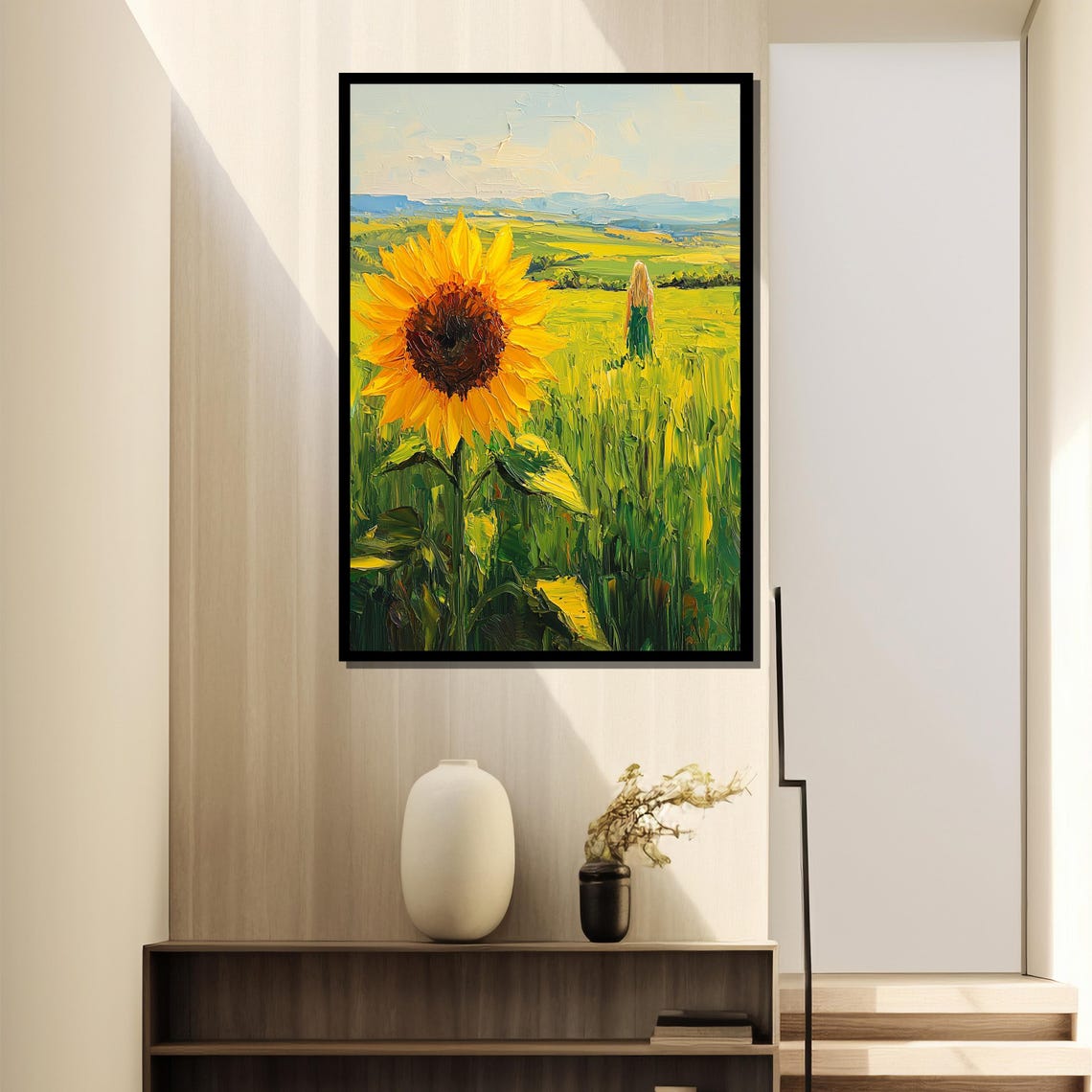 Blonde Woman Walking Alone Through A Sunny Sunflower Field Poster - Image 4