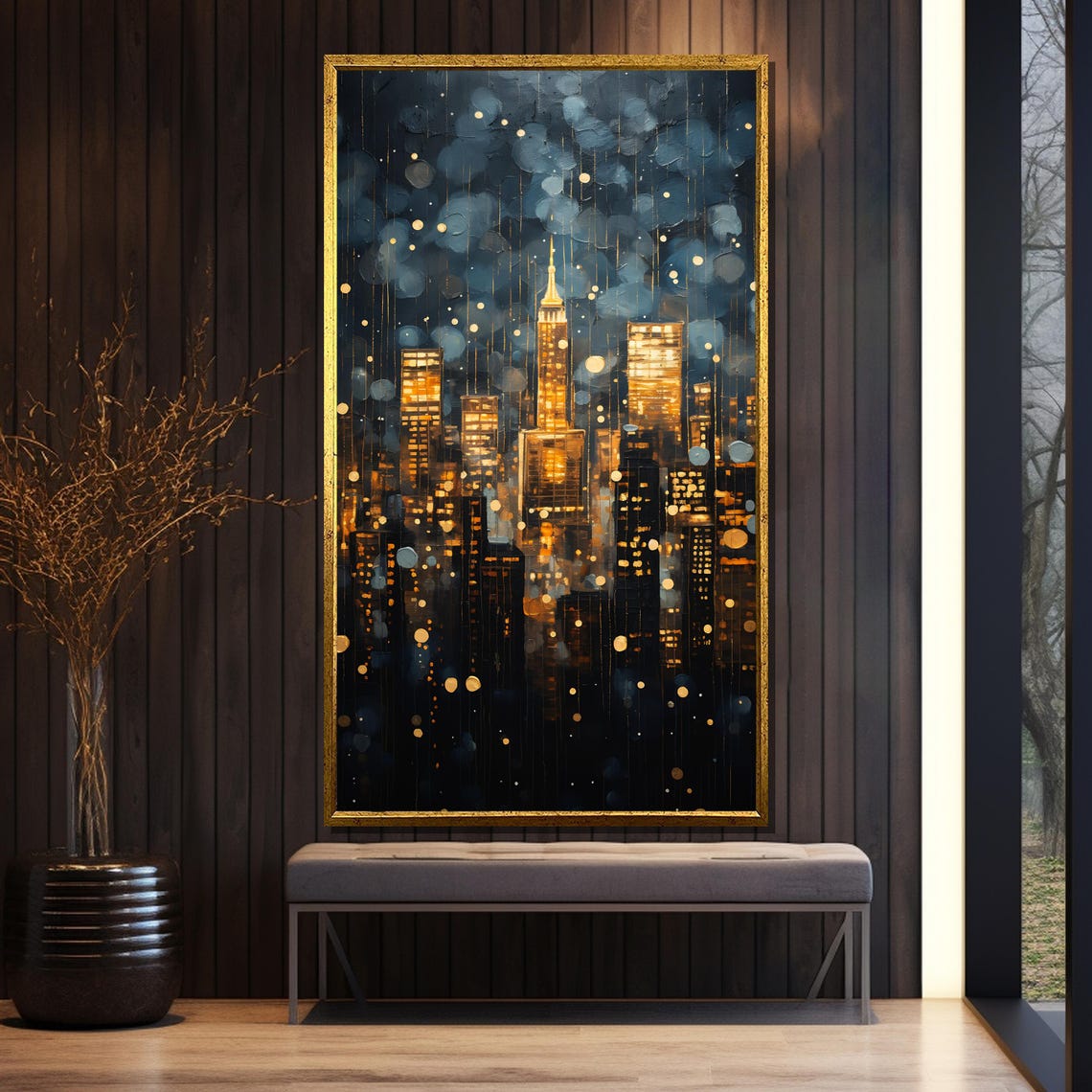 Golden Manhattan Skyline at Night Abstract City Lights Poster - Image 5