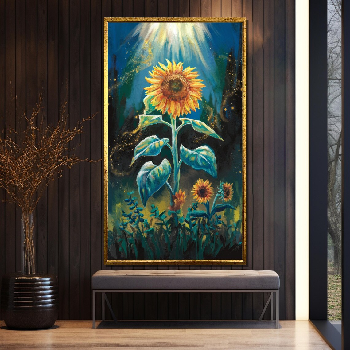 Radiant Sunflower Bathed in Golden Light Against Night Sky Poster - Image 5