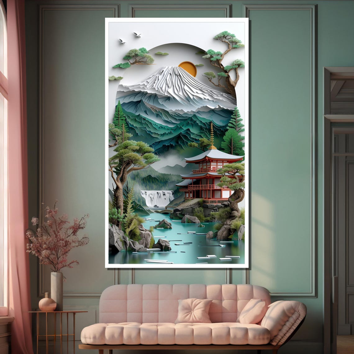 Mount Fuji Paper-Cut Landscape with Temple Waterfall and Lake Poster - Image 2