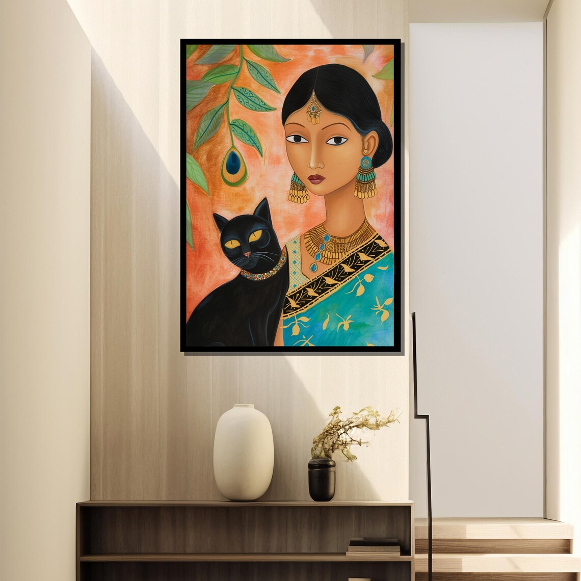 Elegant Indian Woman With Black Cat Traditional Ethnic Wall Art - Image 4