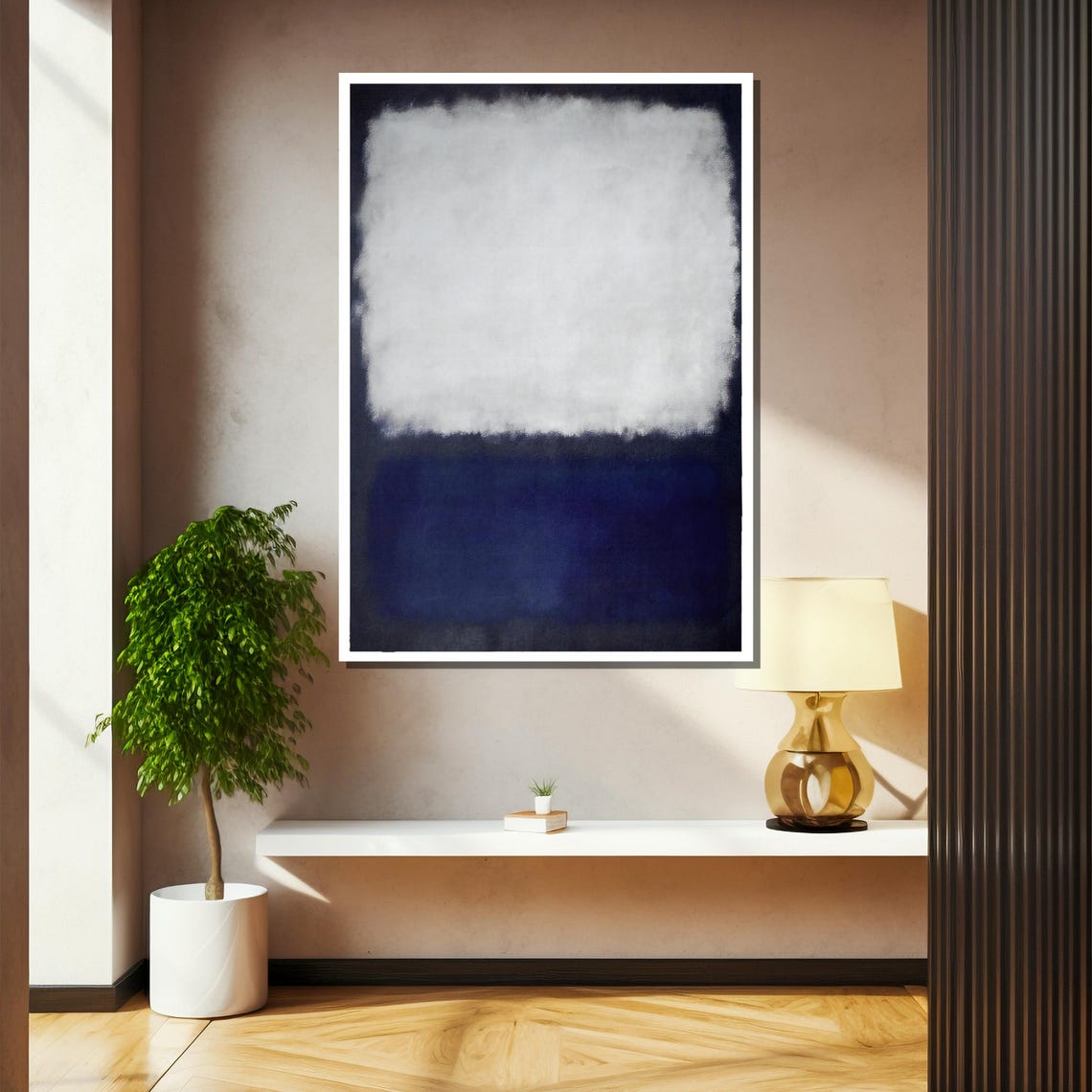Soft Cloud White Over Deep Midnight Blue Abstract Color Field Poster - Image 2