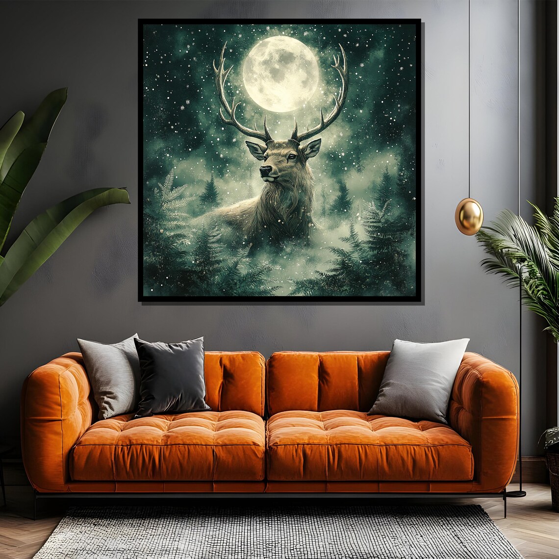 Majestic Stag with Grand Antlers Under Full Moon in Snowy Forest Poster - Image 4