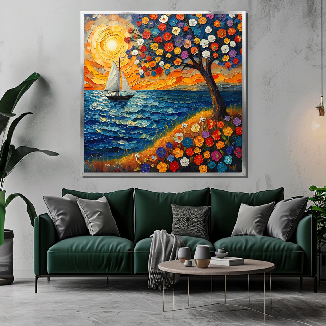 Colorful Sunset Sailboat And Blossoming Flowers Painting Vibrant Nautical Art With Blooming Tree Perfect Landscape Gift - Image 3