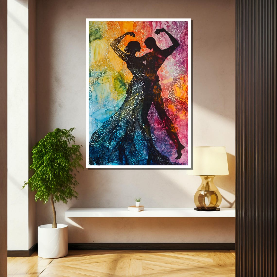 Dancing Couple Silhouette in Colorful Watercolor Splashes Poster - Image 2