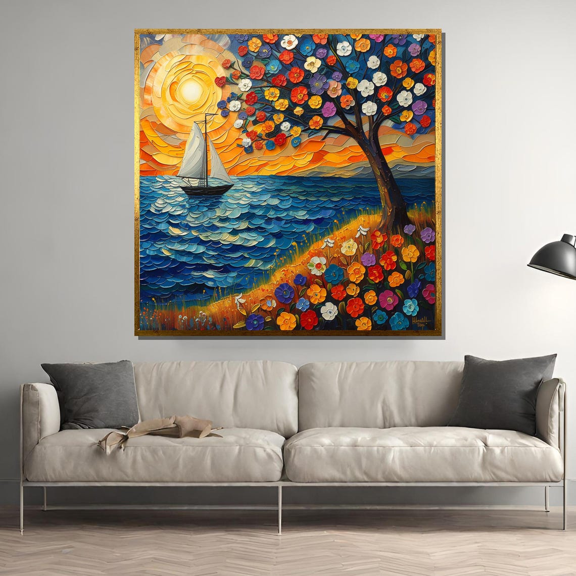 Colorful Sunset Sailboat And Blossoming Flowers Painting Vibrant Nautical Art With Blooming Tree Perfect Landscape Gift