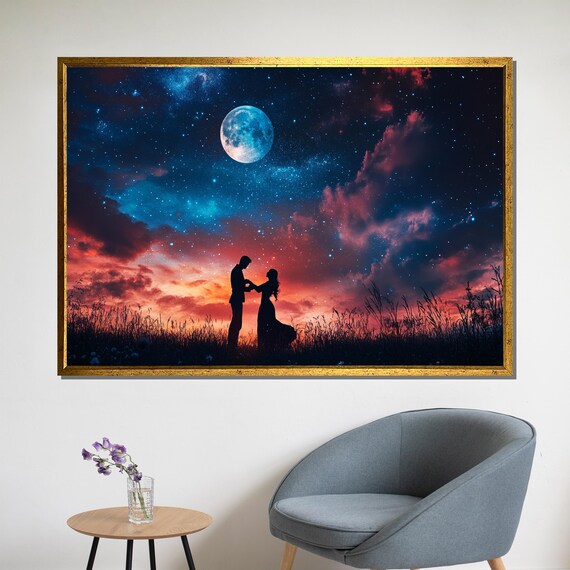 Romantic Couple Silhouette Under Starry Moonlit Night Sky Poster