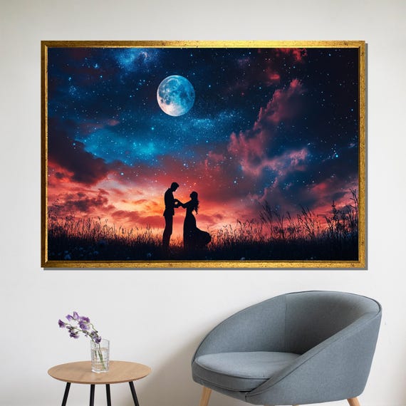 Romantic Starry Night Couple Painting Moonlight Love Wall Art Dreamy Silhouette Artwork Anniversary Gift For Him Her