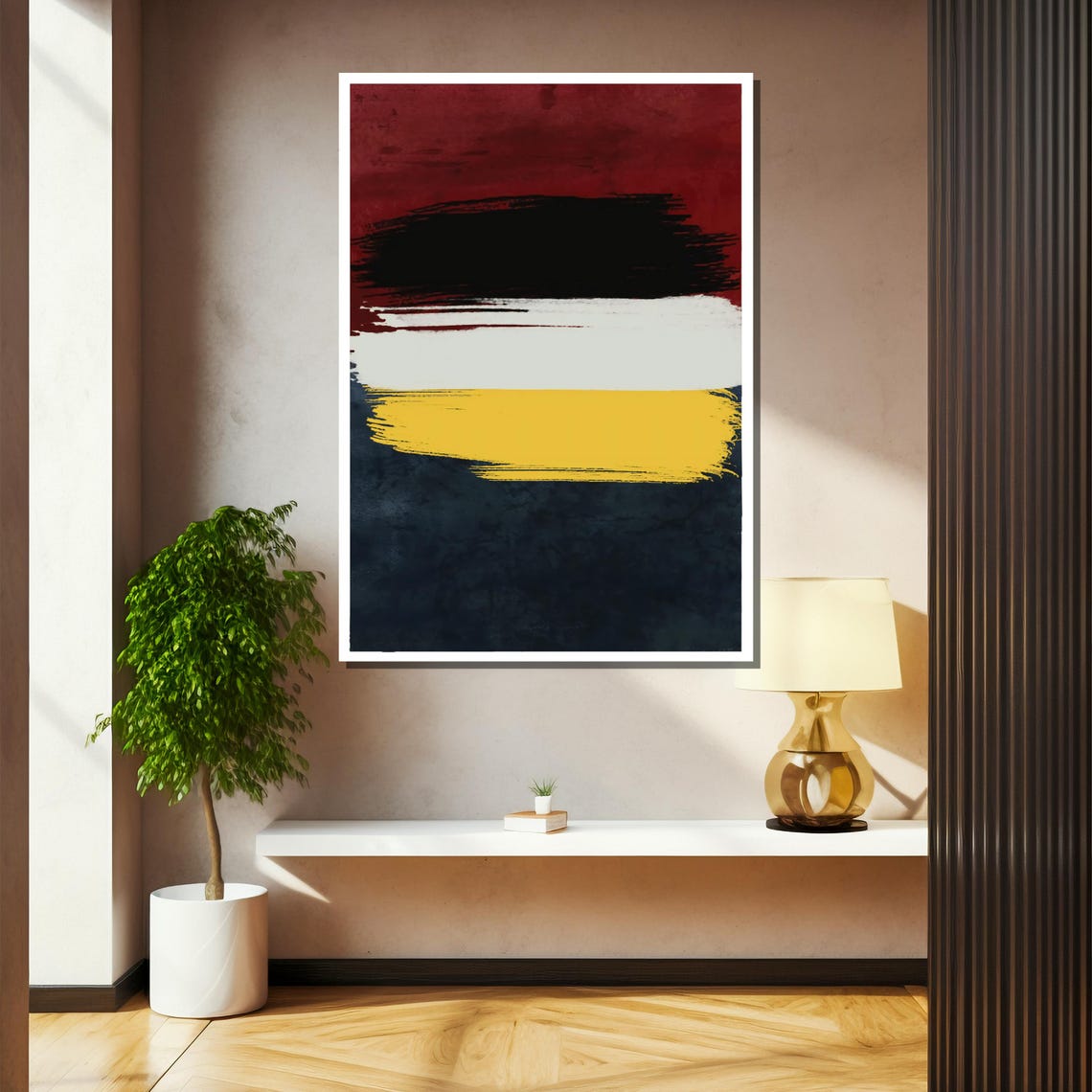 Bold Horizontal Brushstrokes in Crimson Black White and Gold Poster - Image 2