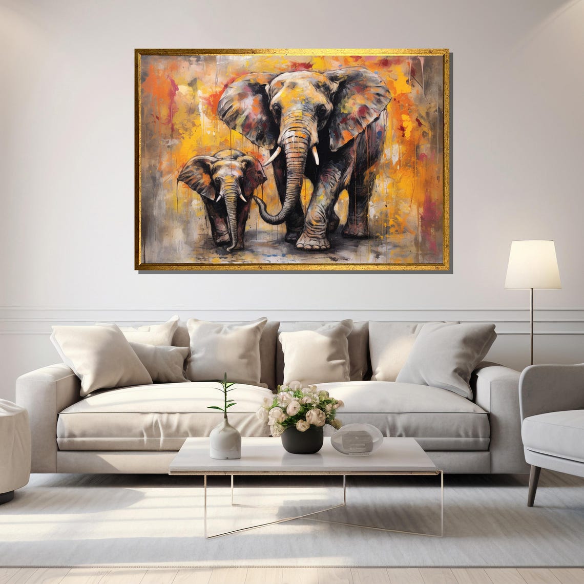 Two Elephants Mother And Baby Walking In Warm Orange Splash Art Poster - Image 5