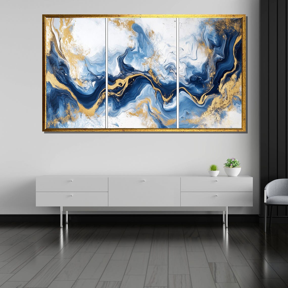 Elegant Blue And Gold Triptych Marble Swirl Abstract Art Poster - Image 5