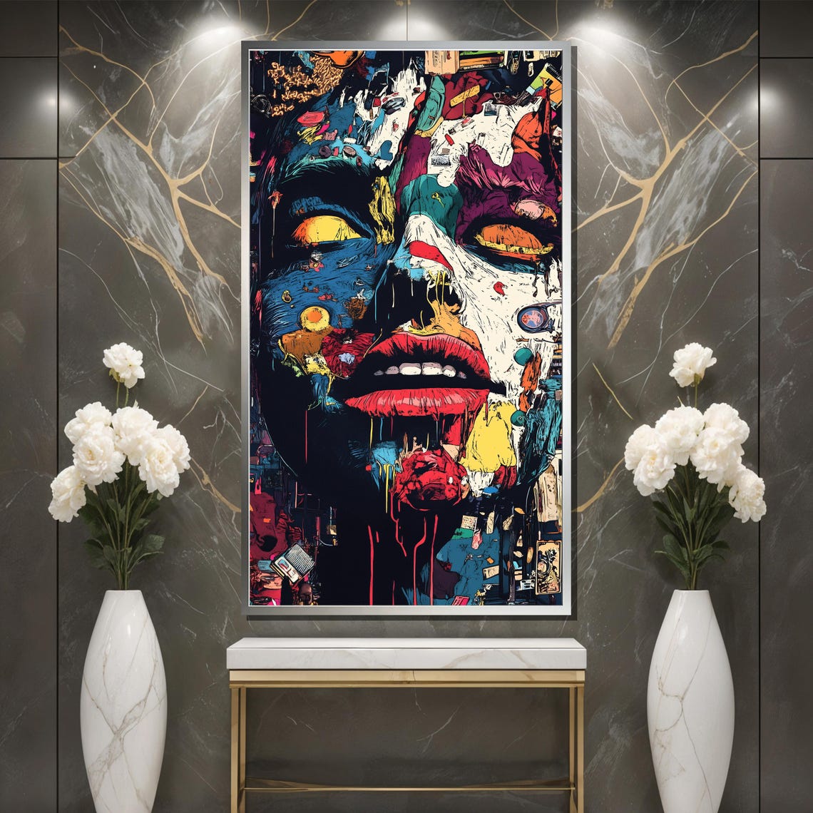 Abstract Pop Art Face Collage Blue Red Lips Street Style Poster - Image 3