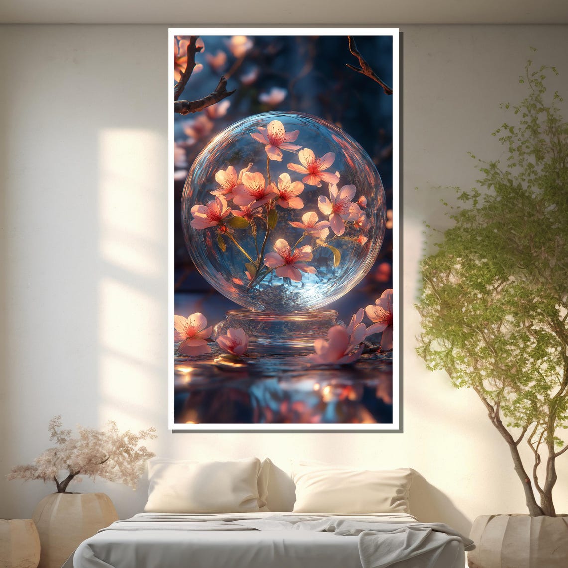 Cherry Blossom Branch Inside Glass Orb Over Rippling Water Poster - Image 2