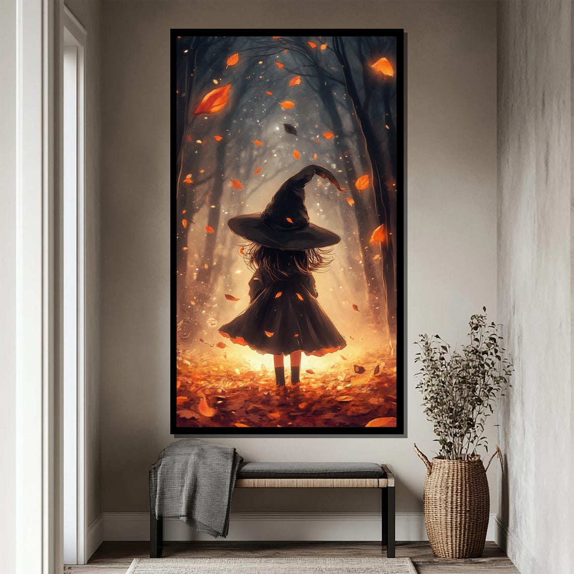 Little Witch Walking Through Autumn Leaves in Glowing Forest Poster - Image 4