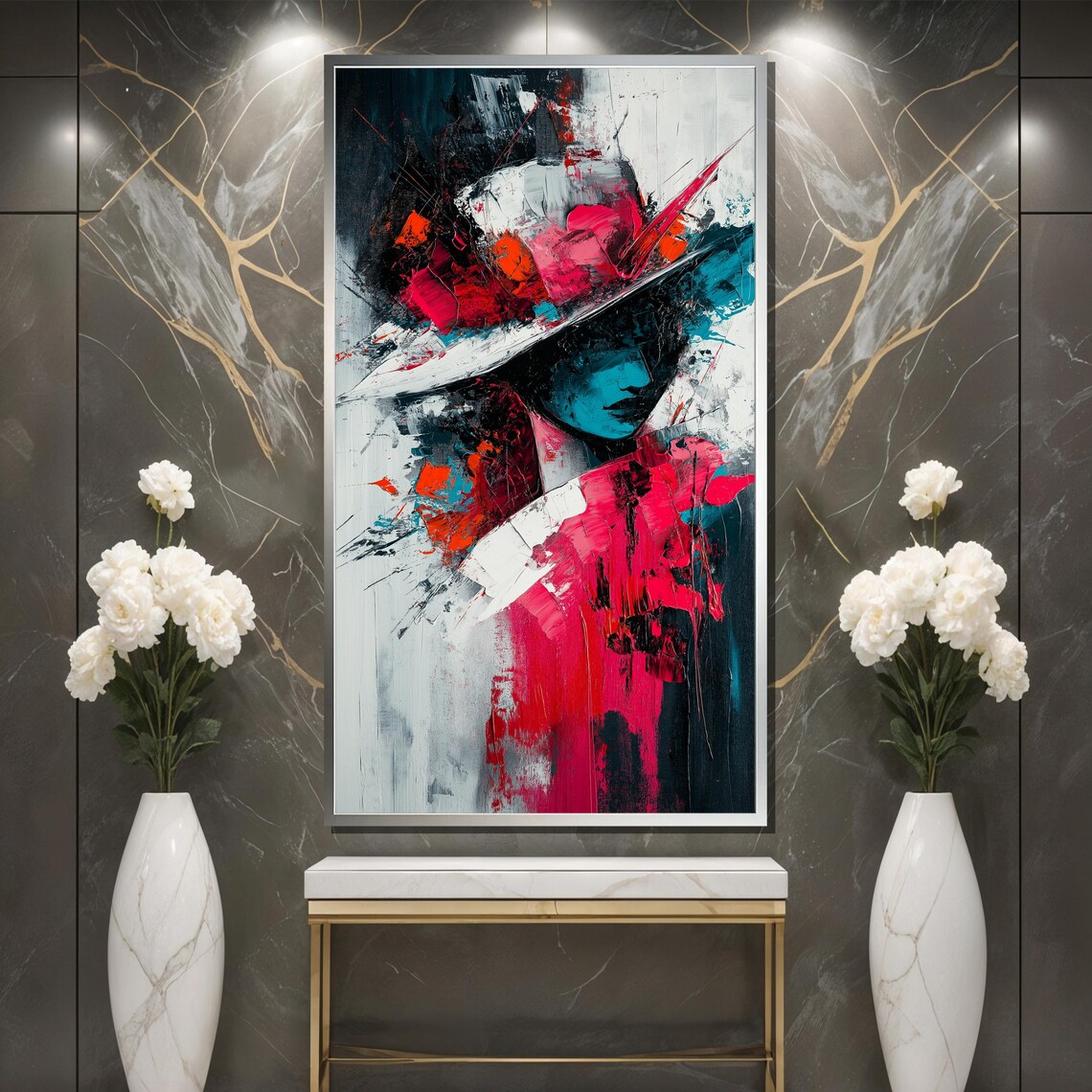 Abstract Woman in Red Hat with Impasto Brushwork Modern Art Poster - Image 3