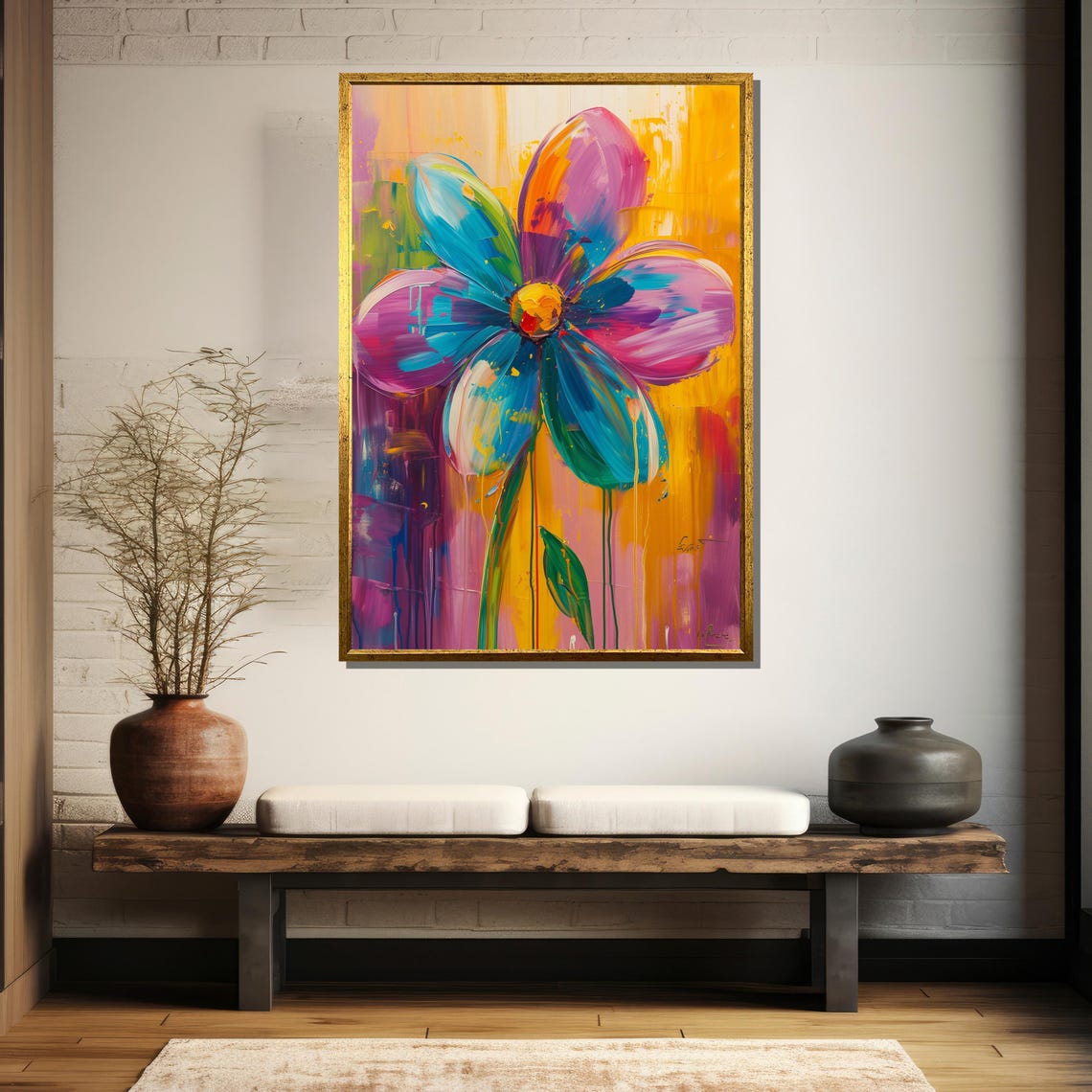 Abstract Rainbow Flower With Paint Drips On Sunny Yellow Poster - Image 5