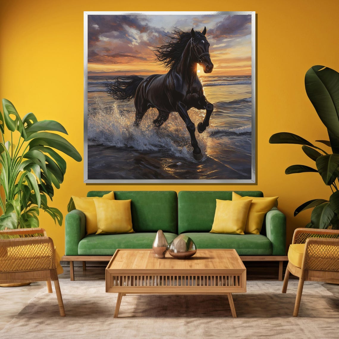 Black Horse Galloping Through Ocean Waves at Golden Sunset Poster - Image 3