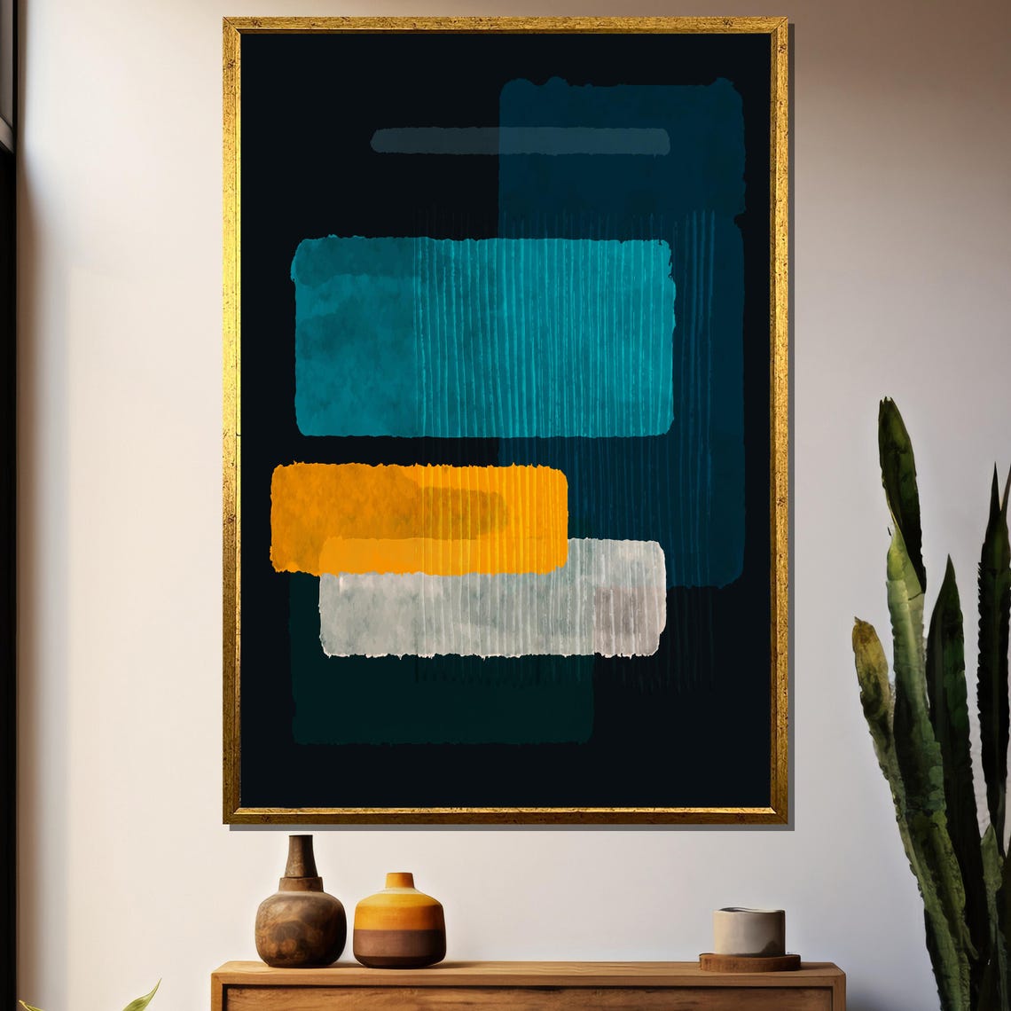 Vibrant Abstract Geometric Painting Teal Mustard And White Accents Modern Artistic Gift For Contemporary Home Decor
