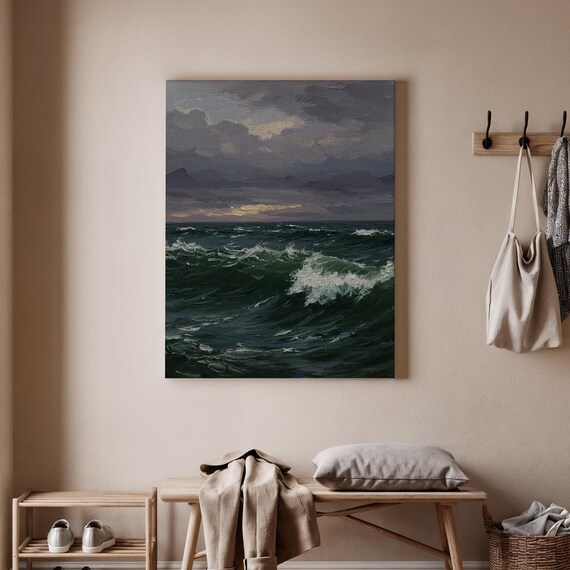 Stormy Ocean Waves Dark Sea Dramatic Cloudy Sky Oil Painting Wall Art