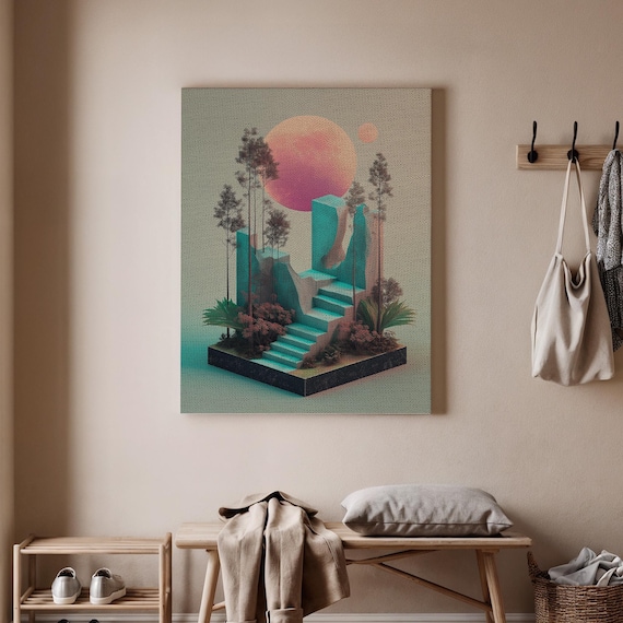Framed Canvas Art Surreal Staircase To The Moon With Vibrant Forest Modern Dreamy And Imaginative Spaces Decor