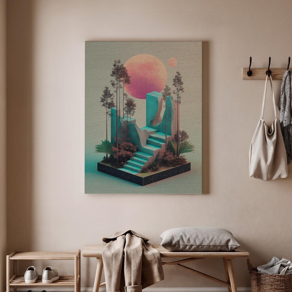 Framed Canvas Art Surreal Staircase To The Moon With Vibrant Forest Modern Dreamy And Imaginative Spaces Decor